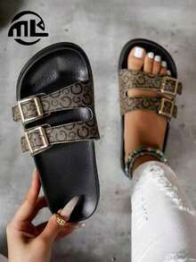 Fashionable Soft Comfortable Minimalist Versatile Chain Decor Women's Slide Sandals, Indoor/Outdoor Casual Flat Slippers - 棕色 3 - 查看 2