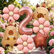 7 Chocolate-Colored Number Balloons, Cartoon Capybara And Flower Balloons, Suitable For Birthday Surprise, Proposal Decoration, Wedding Reception, Birthday Party, Wedding, Baby Shower And Gender Reveal Party - View 4