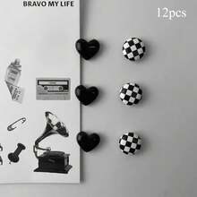 6pcs/12pcs Vintage Black & White Round And Heart Shaped Refrigerator Magnets, Creative Fridge Stickers, Suitable For Kitchen, Room And Office Decor, Cute Office Desk Accessories - Multicolor - View 8