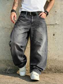 1 pièce Jeans vintage délavé à coupe ample et jambe large pour hommes, sans stretch, convient pour le casual et le travail - Gris foncé - Voir 3