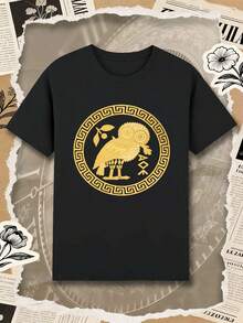 Men's Black Greek Owl Print T-Shirt, Quality Fabric, Hip-Hop Street Style, Comfortable, Durable, Unique Graphic Print. - Black - View 2