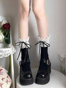 1pair Cute Lace Lolita Bow Decor Short Socks Summer Thin Soft Breathable Daily Casual Women Socks - Multicolor - View 1