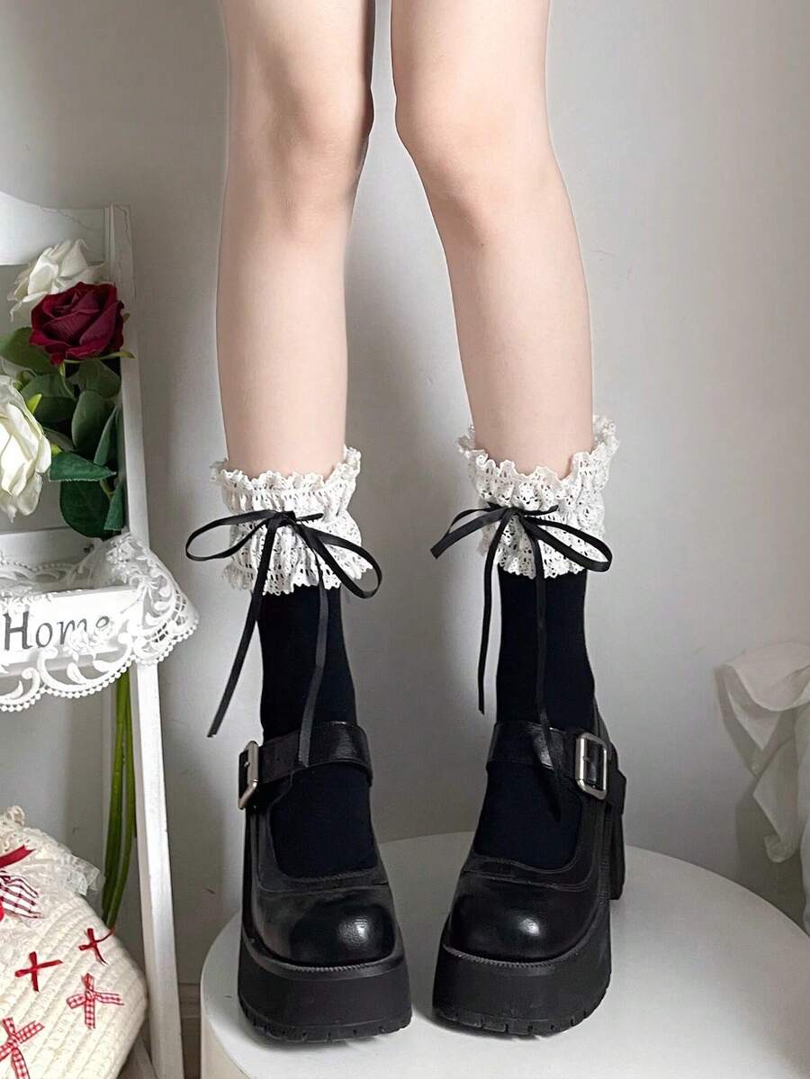 1pair Cute Lace Lolita Bow Decor Short Socks Summer Thin Soft Breathable Daily Casual Women Socks - Multicolor - View 1