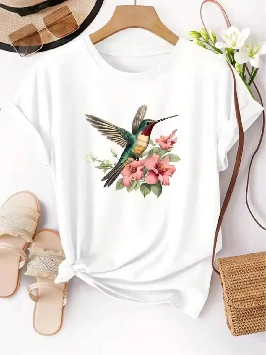 Watercolor Hummingbird And Hibiscus Flower Graphic Casual Crew Neck Short Sleeve T-Shirt - Putih - View 1