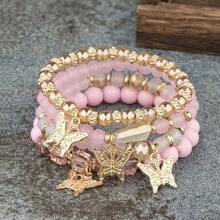 Women's Butterfly Beaded Bracelet Set, Elastic Chain Bangle With Pink Acrylic Beads, Bohemian Party Jewelry Gift, 4 Pieces. - 2 - View 3