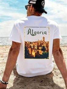 T-Shirt With An Architectural Pattern Of The Old City Of Algeria, In Retro Poster Style, Casual Men's Short-Sleeved Shirt Made Of Pure Cotton, Artistic Style, Ideal For Travel And Holidays, Comfortable And Versatile, Suitable For Leisure, Outdoor Sports And Summer Wear. - 魏斯 - 查看 3