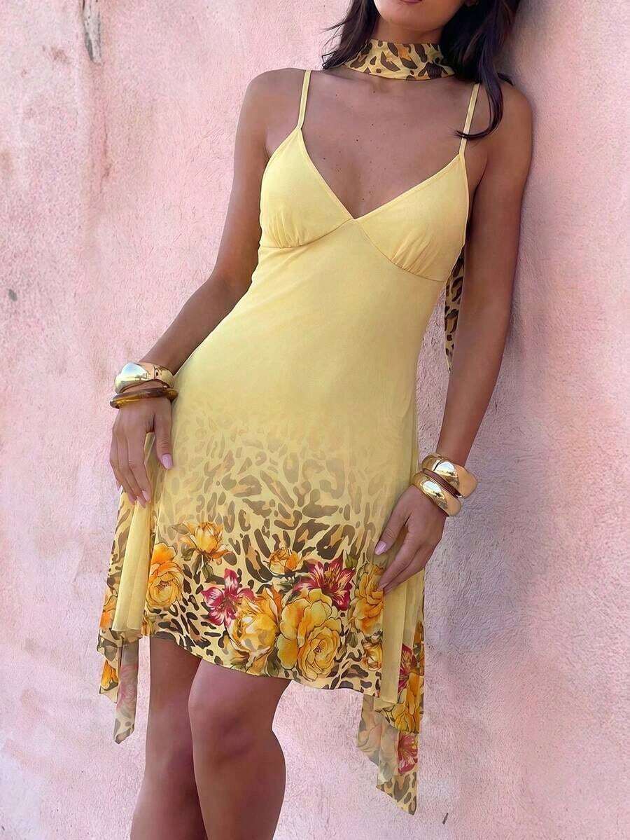 Vestido camisero de verano con estampado de lunares y bajo asimétrico para mujer - Amarillo claro 2 - Ver 1