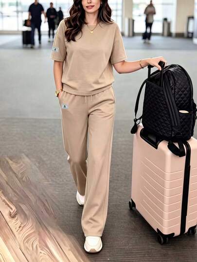 女士休闲两件套，圆领T恤搭配弹力长裤，舒适家居服，带口袋，优雅时尚