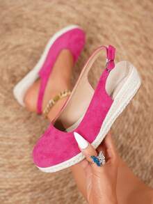 Women's Comfortable Non-Slip Apricot Linen Rope Platform Wedge Sandals, Suitable For Spring And Summer Vacation - Hot Pink - View 3