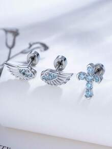 1 bộ ( + Đá Zirconia hình chữ thập + Cánh phải) Khuyên tai kẹp cánh thiên thần không gây dị ứng phong cách ngọt ngào & cá tính, bông tai xỏ vặn thời trang - Khuyên tai hình cánh chữ thập - Xem 19
