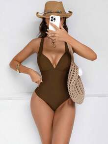 Traje de baño de una pieza con control de abdomen y push-up, con espalda cruzada, en color marrón con diseño de patchwork, elegante y sexy para fiestas y piscina - Café integral - Ver 8