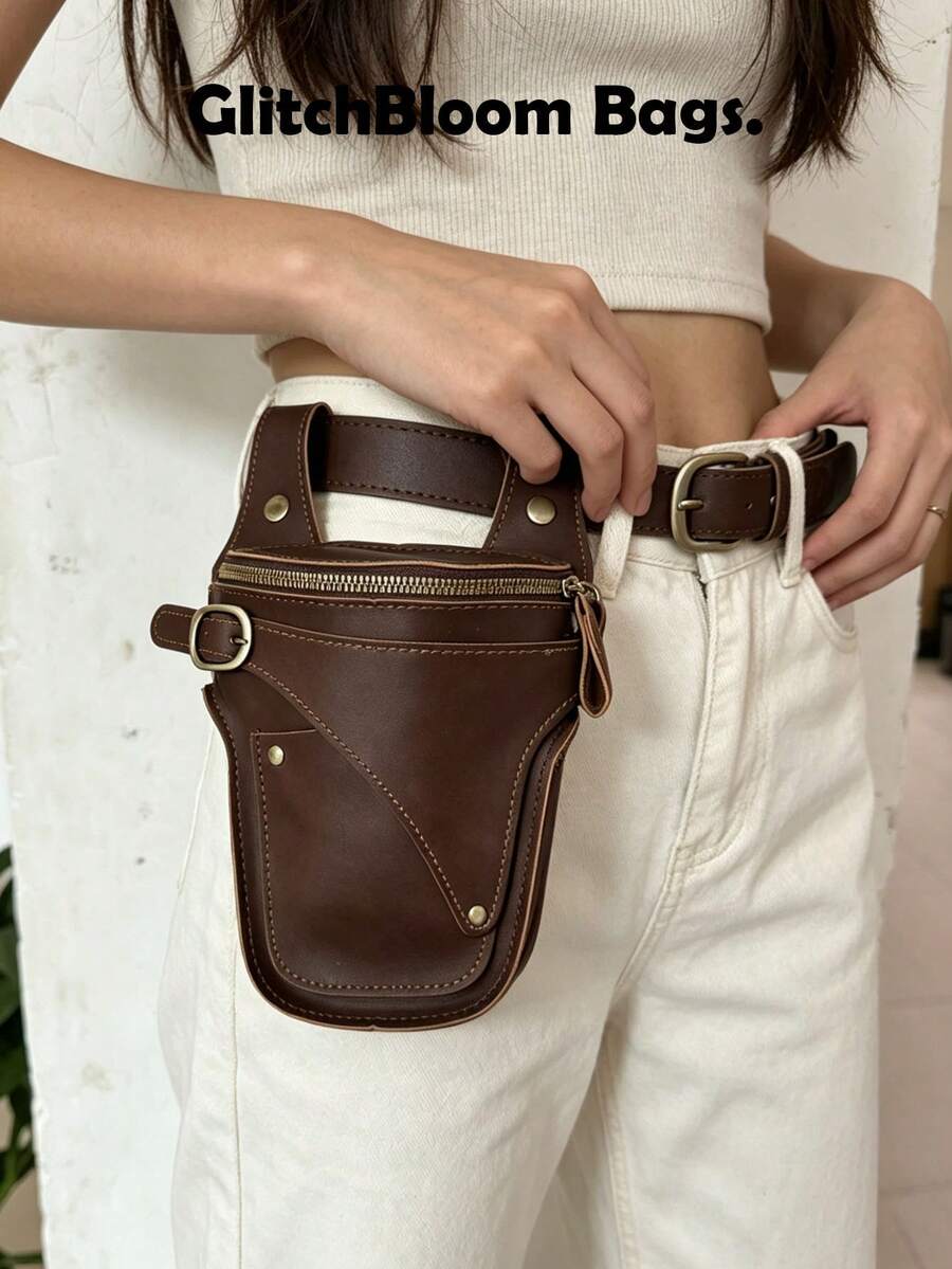Retro American Western Style Multi-Function Waist Bag Belt, Wasteland Y2K Punk Rivet Wide Waist Belt - Brown - View 1