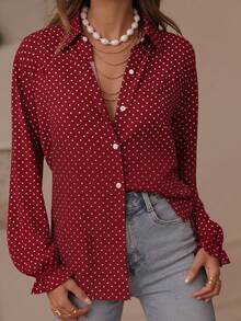 Women's Red Polka Dot Single-Breasted Lantern Sleeve Frill Trim Design Shirt - Red - View 5