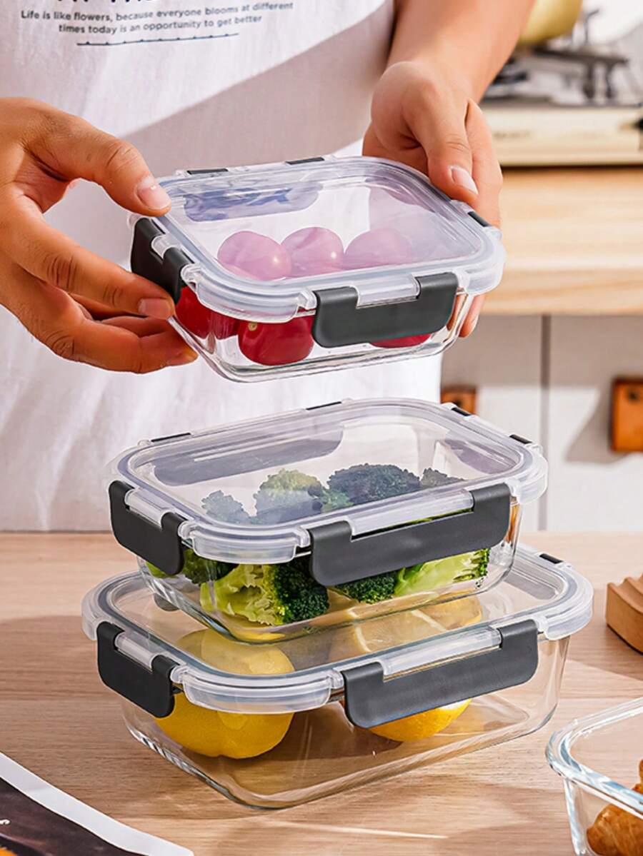 3pcs/1pc Glass Kitchen Storage Containers, Airtight Food Preservation Boxes With Easy-Open/Close Stackable Lids, Suitable For Kitchen And Pantry Storage, Sealed Glass Lunch Boxes, Refrigerator Fresh-Keeping Boxes, Microwave, Oven, Fridge And Dishwasher - Black - View 1