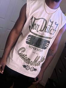 Sleeveless Printed Oversized T-Shirt, Y2K Style Street Fashion Men's Washed Vest (220g Pure Cotton), Vintage Pattern Fun Print, Hip-Hop Style - 杏色 - 查看 6