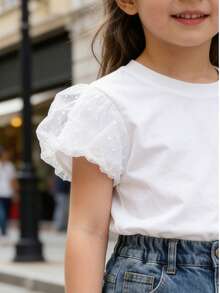 Kaos Lengan Pendek Warna Polos Lucu dengan Hiasan Renda untuk Anak Perempuan Usia 4-7 Tahun, Fesyen Musim Panas - Putih - View 4