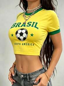 Camiseta corta deportiva casual de mujer con estampado gráfico de fútbol inspirado en el estilo Y2K de Brasil - Multicolor - Ver 3