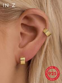 IN Z 1 pieza Pendientes de aro abierto elegantes de plata de ley 925, incrustados con circonita cúbica brillante, diseño minimalista de cinco líneas, adecuados para niñas y mujeres para uso diario y fiestas - Multicolor - Ver 1