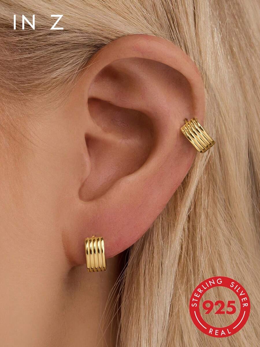 IN Z 1 pieza Pendientes de aro abierto elegantes de plata de ley 925, incrustados con circonita cúbica brillante, diseño minimalista de cinco líneas, adecuados para niñas y mujeres para uso diario y fiestas - Multicolor - Ver 1
