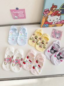 Sanrio 袜子 5 双装 女士 My Melody & Cinnamoroll 隐形无痕袜，透气可爱（不含纸板内衬，颜色随机） - 彩色 - 查看 3