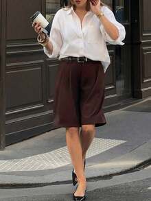 Women's Non-Stretch Woven Fabric Straight Leg Bermuda Shorts With Button Design Summer - Burgundy - View 4
