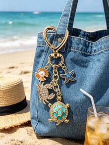Gold Ocean Theme Keychain, Decorated With Turtle, Crab, Starfish And Pearl Charms, Heart-Shaped Lobster Clasp Bag Charm, Sparkling Rhinestone And Enamel Accents - Multicolor - View 10