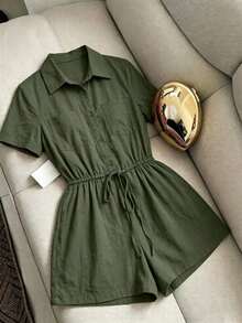 Mono de mujer con cuello en V y cintura ceñida, mono para vacaciones, mono holgado y casual de estilo cargo - Verde militar - Ver 3