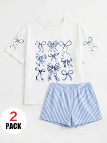 2pcs/Set Girls' Fresh Korean Style Bow Print Casual Outfit, Beige Top With Blue & White Vertical Striped Shorts, Gentle Girl Style Daily Streetwear Comfortable Breathable Versatile 2-Piece Set - White - View 2
