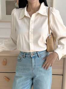 Blusa suelta con cuello de solapa y pliegues de unicolor para mujer, verde oliva, para primavera/verano/otoño, ropa de mujer de manga larga - Blanco - Ver 5