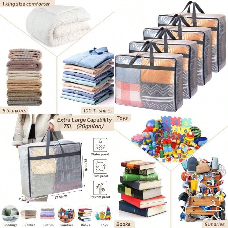 - Paquete de 4 bolsas de almacenamiento transparentes extra grandes de 75 l con cierre para mantas colchas ropa edredón ropa de cama y almohadas - Gris - Ver 1
