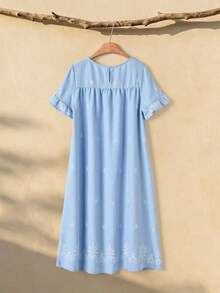 Vestido casual de mujer con cuello redondo, manga corta y bordado, holgado - Azul - Ver 2