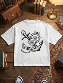 Camiseta con estampado de ancla y timón náutico, algodón suave, corte cómodo, transpirable, estilo urbano hip-hop, diseño gráfico. - Blanco - Ver 1