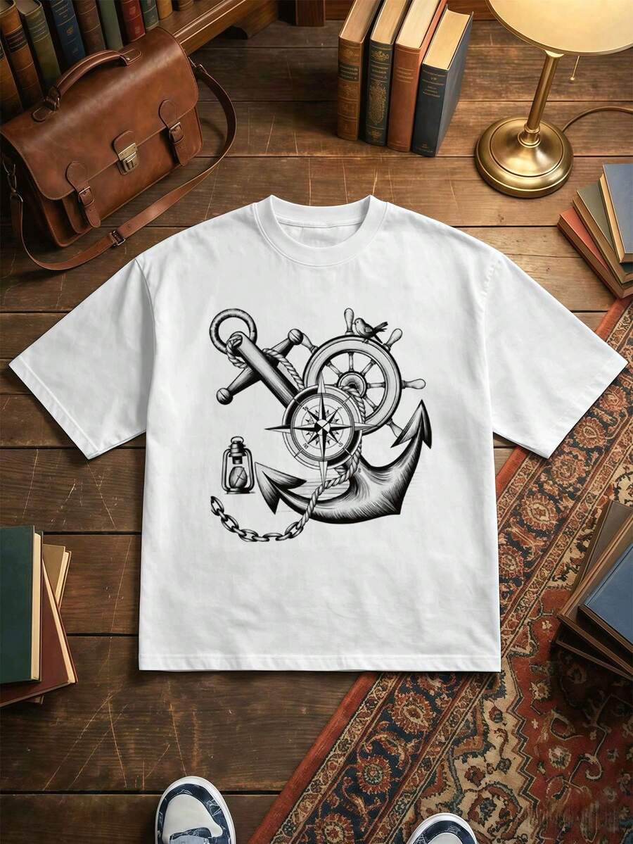 Camiseta con estampado de ancla y timón náutico, algodón suave, corte cómodo, transpirable, estilo urbano hip-hop, diseño gráfico. - Blanco - Ver 1