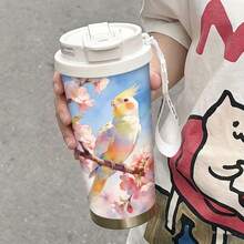 1件/5件 500ml 防漏不鏽鋼保溫咖啡杯，附翻蓋與「COFFEE」杯帶，可愛鸚鵡與櫻花圖案，適用冷熱飲，鳥類愛好者完美禮物，冰咖啡適用 - 多色-櫻花小鳥 - 查看 8