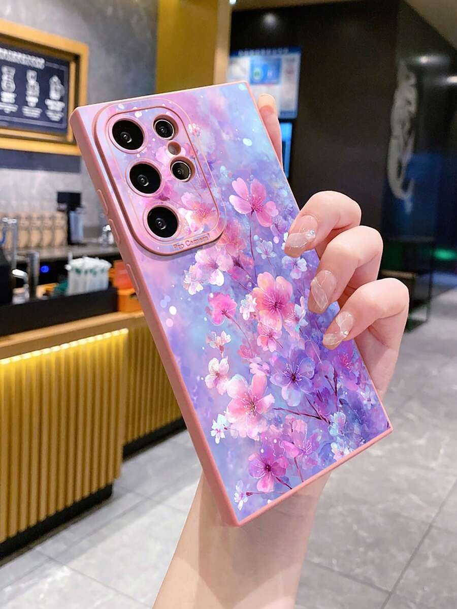 1pc Purple & Pink Flower Pattern Shockproof Phone Case, UV Printed For Samsung/Galaxy/ Android Models - Pink - View 1