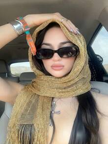 1件女款波希米亞風金色亮面流蘇圍巾，優雅透氣頭巾披肩，晚禮服配飾，沙灘圍巾 - 金色 - 查看 2