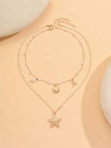 2pcs Girls Sweet Summer Ocean Style Fresh Faux Pearl Necklace Fashion Starfish Shell Multi-Pendant Layered Necklace Set - Multicolor - View 1