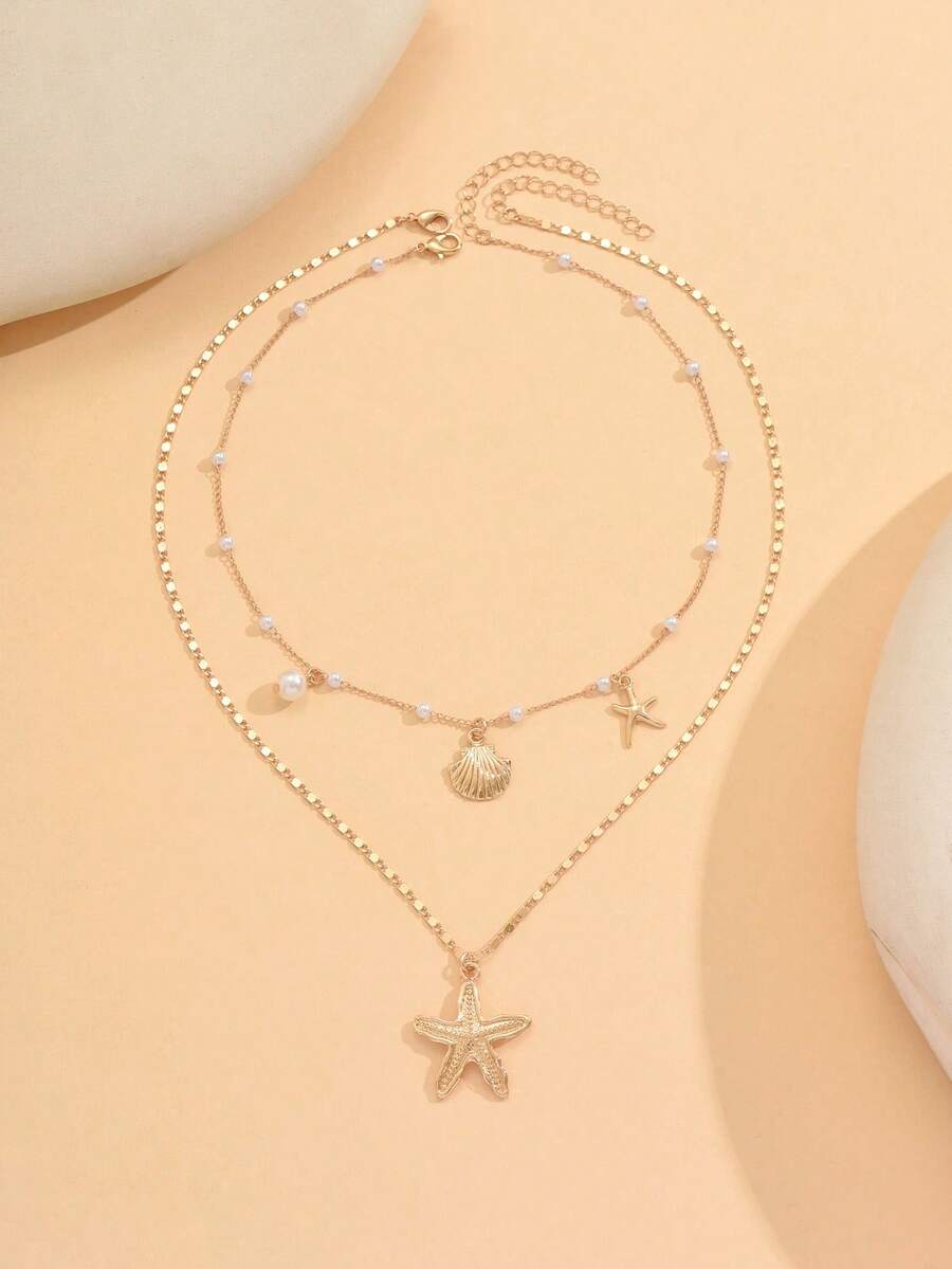 2pcs Girls Sweet Summer Ocean Style Fresh Faux Pearl Necklace Fashion Starfish Shell Multi-Pendant Layered Necklace Set - Multicolor - View 1