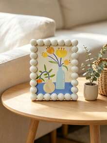 1pc Cute Beaded Photo Frame, Round Ball Edge Picture Frame, Plastic Tabletop Photo Holder, Pastel Color Aesthetic Desk Decor, Cat & Flower Print Art Frame, Boho Home Decor For Bedroom Living Room Office, Multi-Color Available - A - View 11