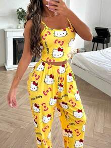 2pcs Hello Kitty Print Women's Camisole Crop Top + Elastic Waist Straight Pants Cute Pajama Set - Yellow - View 6