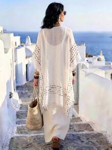 1pc Women's Spring/Summer Bohemian Style Minimalist Pattern Split Shawl Outerwear Decorative Beach Vacation Sun Protection Shawl Fashion Versatile Casual Suitable For Daily Matching, Perfect Gift Choice - White - View 5