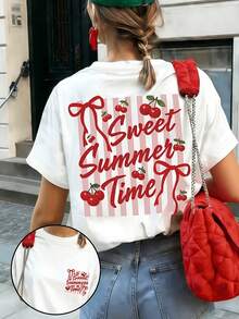 Y2K Style Summer Tops, Casual Short-Sleeved Round Neck T-Shirt With Graphic Pattern, Perfect For Summer And Spring, Designed For Plus Size Women, Cotton T-Shirt. - White - View 7