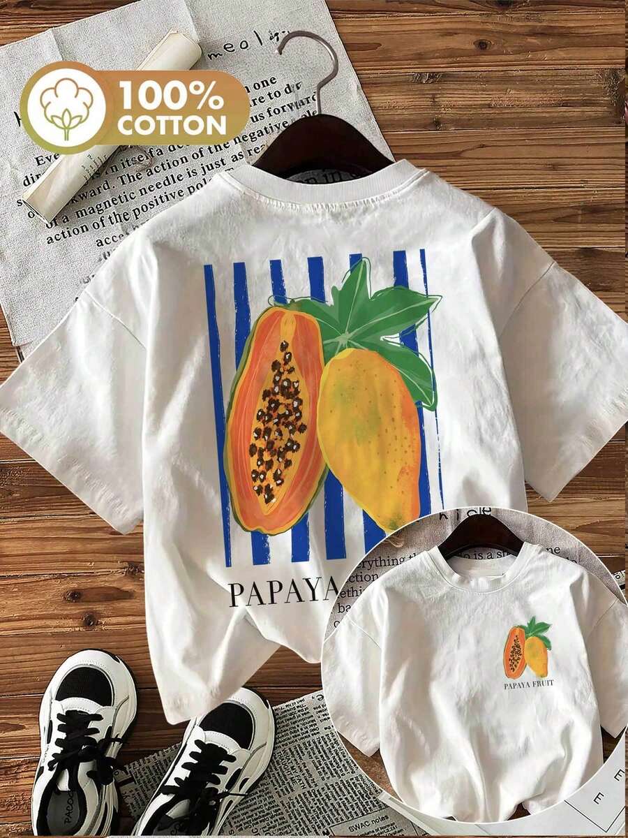 [Double-Sided Print] Spring And Summer Fashion Women's Tops, Illustration Style, Papaya Fruit Print, Round Neck Short Sleeve T-Shirt [Chu K], Women's Summer Outfit - White - View 1