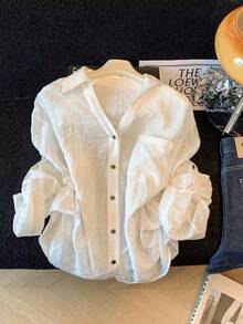 Women's White Polyester Button-Down Shirt, Long Sleeves With Roll-Up Feature, Shirt Collar, Regular Length Casual Top, Suitable For Spring And Autumn - White - View 3