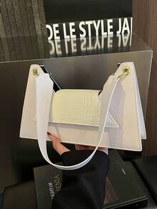 Luxury Geometric Patchwork Crocodile Texture Underarm Bag, Y2K Colorblock Shoulder Bag For Women, Minimalist Versatile For Daily And Party Wear - White - View 2