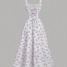 MOD Vestido floral con panel delantero de encaje, cuello cuadrado, espalda recogida con lazo, vestido de fiesta, vestido de brunch, vestido de vacaciones, vestido de banquete, vestido del Día de San Valentín, atuendos de vacaciones en la playa, estilo bohemio, vestidos de verano, vestido maxi floral blanco y azul para invitada de boda, estilo cottagecore, vestido línea A sin mangas de cuello cuadrado, vestido de verano elegante para boda en jardín, fiesta de cóctel, compromiso, reunión fes - Rojo y blanco - Ver 3