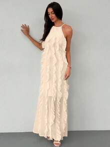 Vestido elegante sin espalda con volantes y capas, estilo de diosa grácil, adecuado para vacaciones, primavera/verano - amarillo ganso - Ver 3