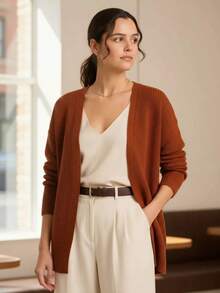 Women's Basic Longline Cardigan, Fang Knit, Long Sleeves, Autumn/Winter - 紅陶 - 查看 2