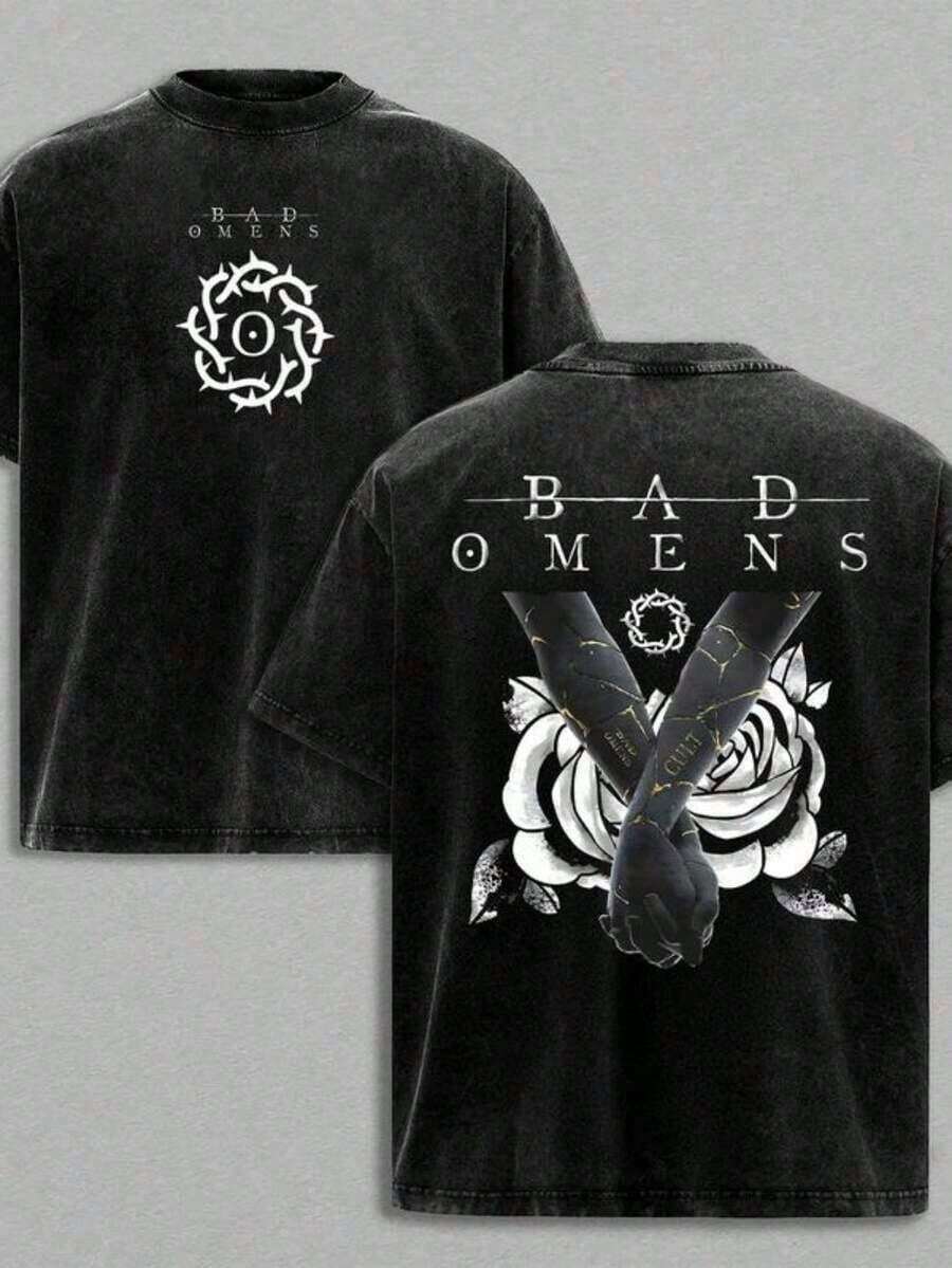 Camiseta Gráfica Retro Lavada, 100% Algodón, Estilo Urbano para Hombre, Cuello Redondo | Con un diseño de rosas y cuchillos, estampados en la parte delantera y trasera, esta camiseta vintage de tela gruesa es el regalo perfecto para uso casual y eventos musicales. Es holgado, cómodo y transpirable, ropa de verano para hombre y mujer SW32 SUZM - Negro - Ver 1
