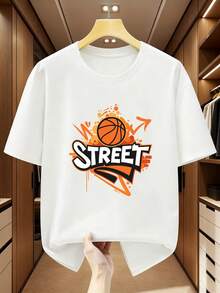 Camiseta de hombre talla grande 100% estilo urbano con estampado de baloncesto, cuello redondo, manga corta, cómoda y casual para el verano. Estampado de letras al estilo minimalista INS / Colección de patrones deportivos con letras de estilo religioso / Diseño holgado y suave al tacto / La opción ideal para regalos - Blanco - Ver 7